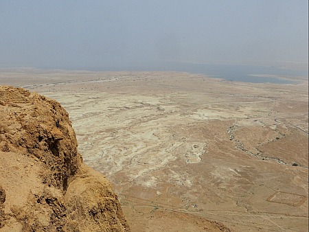 Looking down at the desert and the Dead Sea from the top of the mesa at Masada, Israel