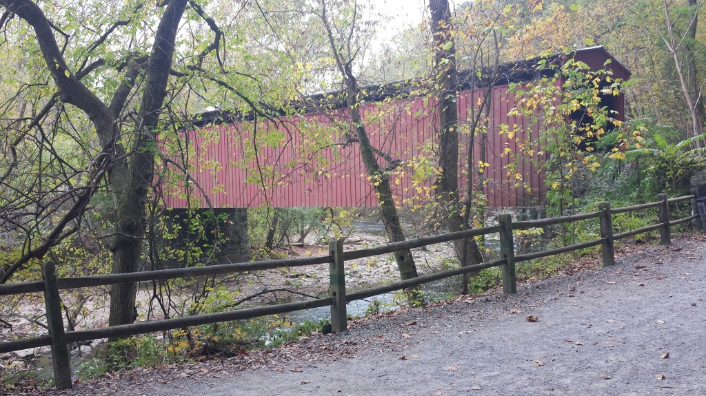 Thomas Mill Road covered bridge from Forbidden Drive in the Wissahickon Valley Park, a mile and a half west of Valley Green Inn