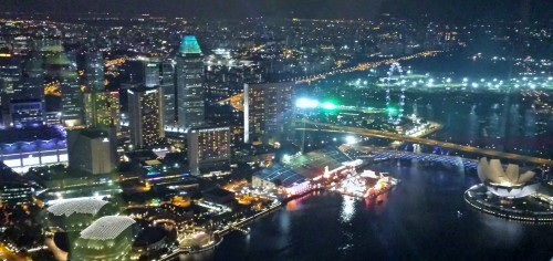 The view of Singapore at night from the Altitude Bar at Raffles Place