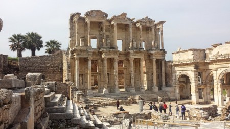 A closer view of the restored facade of the Ephesus library. 