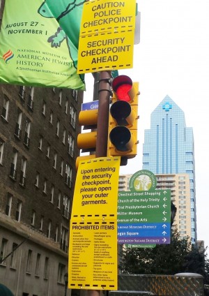 Security information signs for the visit of Pope Francis to Philadelphia