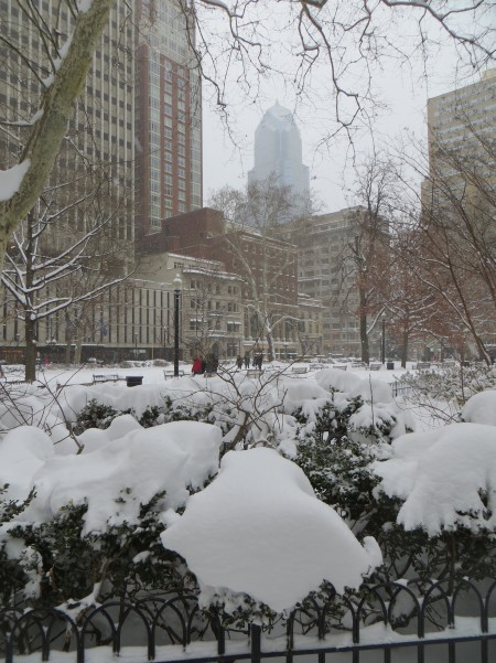 Rittenhouse Square in Center City Philadelphia with One LIberty Place during the Bilzzard of January 2016