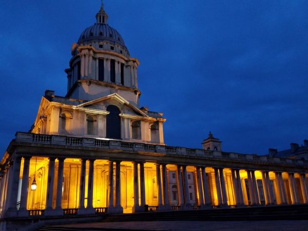 Chapel of the Old Royal Naval College at dusk in Greenwich, England