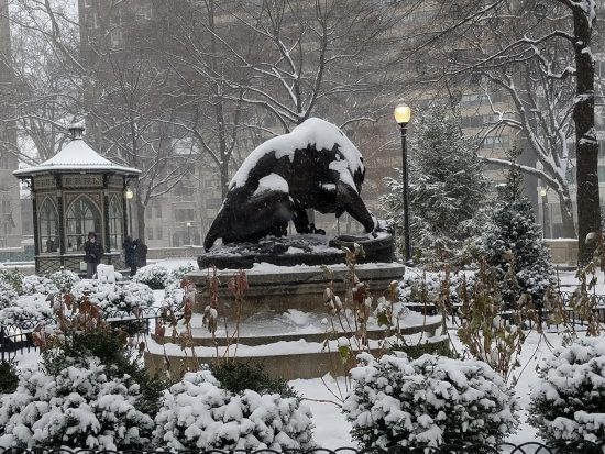 Rittenhouse Snow scene and sculpture, Lion Crushing a Serpent by Antoine-Louis Bayre