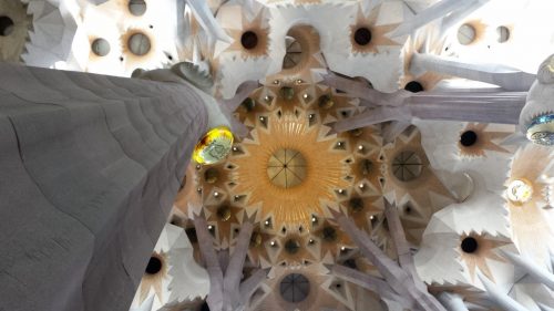 interior ceiling of the Cathedral of La Sagrada Familia in Barcelona, Spain