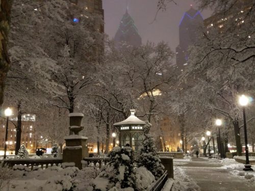 Rittenhouse Square snow scene in Philadelphia march 2018