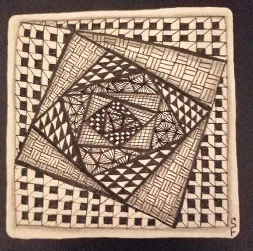 Zentangle tile using Cubine, Keeko, tangleations of Knightsbridge. and Munchin.